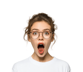 Surprised young woman with glasses in expressing emotions bright, isolated on transparent background, png
