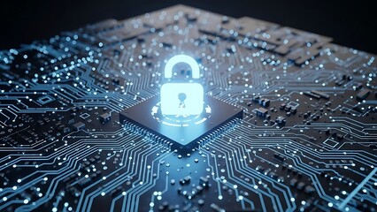 Glowing padlock over a circuit board, symbolizing data security & protection
