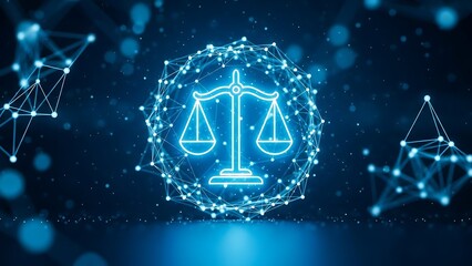 Glowing scales of justice icon surrounded by a network of interconnected points. Blue digital background