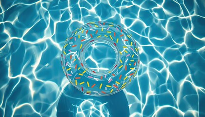 Colorful Knitted Inflatable Pool Float Drifting on Calm Ocean Water Under Blue Sky