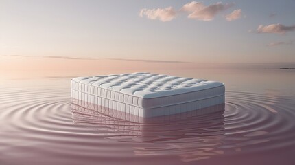 Minimal Surreal White Luxury Bed Floating on Calm Pink Water Under Soft Sky