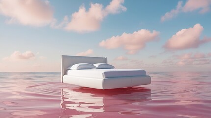 Minimal Surreal White Luxury Bed Floating on Calm Pink Water Under Soft Sky