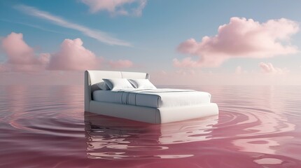 Minimal Surreal White Luxury Bed Floating on Calm Pink Water Under Soft Sky