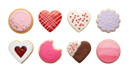 Valentine's Day sugar cookie set including hearts, circles, scalloped edges, and bitten variants. Sweet holiday treat and bakery collection.
