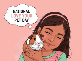 Girl Cuddling Guinea Pig with Thought Bubble Pet Appreciation Message