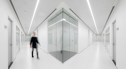 Fototapeta premium Modern white office corridor with glass walls and blurred person