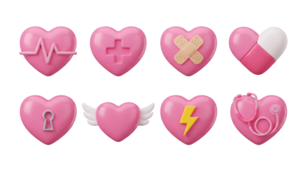 Pink heart set including pulse, medical cross, band aids, pill, keyhole, wings, lightning, and stethoscope variants isolated. Healthcare and cardiology concept.