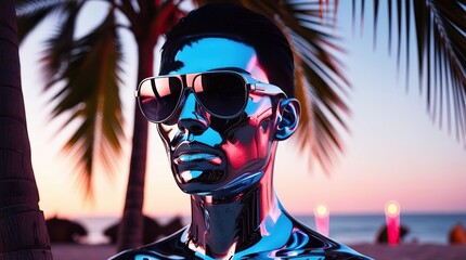 Futuristic Chrome Human Portrait Wearing Sunglasses on Tropical Beach