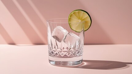 Minimal Crystal Glass with Ice Cubes and Fresh Lime on Pastel Background