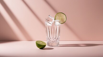 Minimal Crystal Glass with Ice Cubes and Fresh Lime on Pastel Background