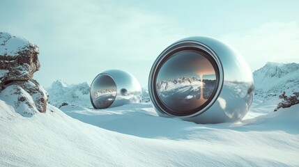 Two large, reflective metallic spheres sit in a serene snow-covered landscape framed by jagged mountains, evoking a feeling of tranquility in a futuristic environment.