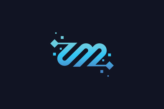 Modern Minimalist Letter S M Technology Logo Design Template on Black Background