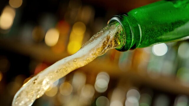 Pouring Beer from Bottle . Stream of Golden Carbonated Liquid Flows in Slow Motion on a Pub . Filmed on High Speed Cinematic Camera at 1000 FPS
