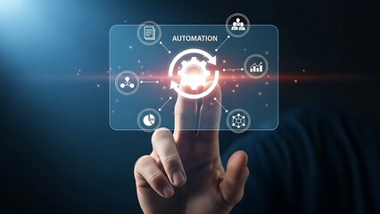 Hand touching a screen with automation concept illustrated with gears and icons, blue background