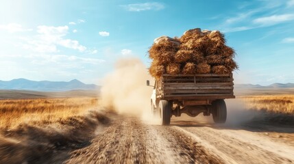 Obraz premium The image captures a dusty truck loaded with hay, driving through a rural landscape, evoking a sense of pastoral life, hard work, and the beauty of nature in motion.