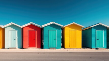 A picturesque view of colorful beach huts lined up against a clear blue sky, evoking feelings of summer, relaxation, and seaside leisure activities.
