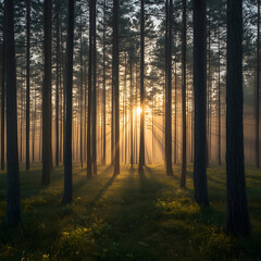 Fototapeta premium Misty sunrise morning in a quiet forest path