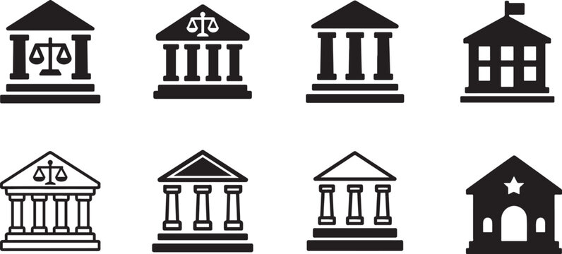   Courthouse icon set vector with filled flat signs, solid pictograms, line, glyph, colorful outline EPS.