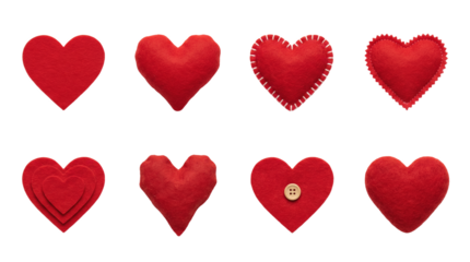 Red felt heart set including stuffed, stitched, layered, and buttoned variations isolated. Valentines day craft and love symbol collection.