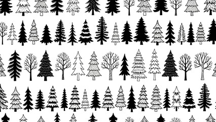 Fototapeta premium Many different trees are illustrated in various black and white patterns and sizes on a seamless background work pattern.