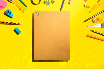 back to school background for kids & student, colorful stationery education in top view flat lay