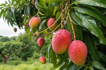Obraz premium A tree with many ripe mangoes hanging from it
