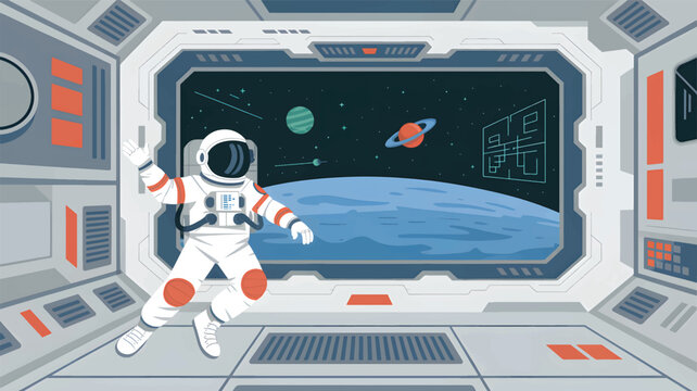 Astronaut in white and orange suit inside futuristic spaceship observing planets through large