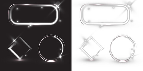 Neon light frames. Futuristic glass interface buttons set. Glowing UI shapes blue transparent 