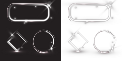 Neon light frames. Futuristic glass interface buttons set. Glowing UI shapes blue transparent 