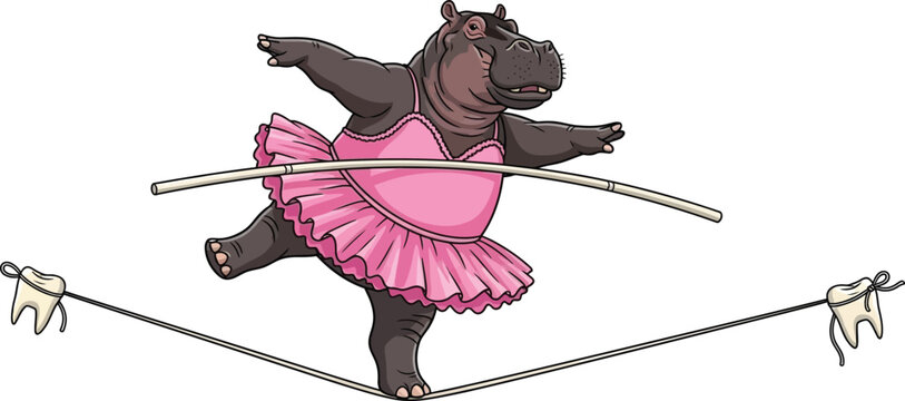 Hippopotamus ballerina in pink tutu walking on tightrope rope made of dental floss with human teeth dentist art design