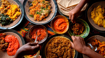 Top view of hands sharing traditional Ethiopian Injera food with various colorful stews on a table, concept of community and cultural diversity