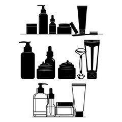 makeup kit, cream silhouette pack icons of cosmetics and beauty tools