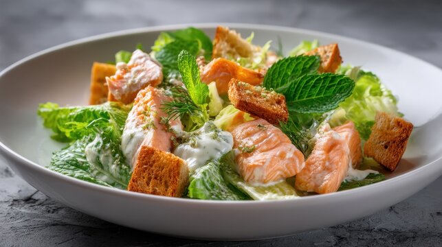 Fresh salmon caesar salad with romaine, croutons, and herbs.