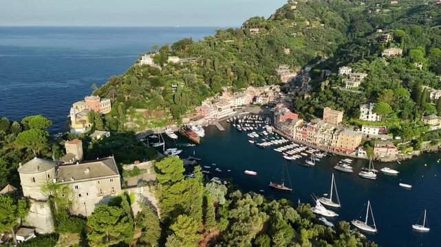 Aerial view of portofino italy harbor with boats and buildings