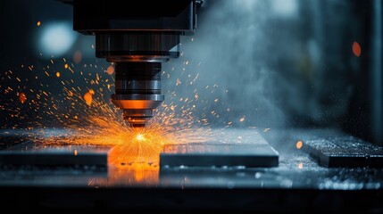 Closeup of CNC milling machine cutter generating sparks and metal shavings while cutting solid aluminum block in industrial workshop