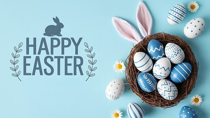 Happy easter greeting with bunny ears and eggs
