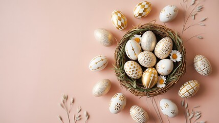 Decorative easter eggs bowl with spring ornaments
