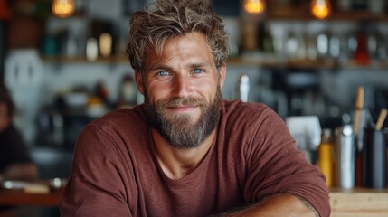 Obraz premium A friendly bearded man smiles warmly in a modern cafe setting, reflecting a relaxed atmosphere and enjoyment of contemporary social culture with a sense of community.