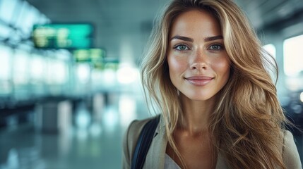 Obraz premium A confident young woman with striking features and a warm smile stands in a modern airport terminal, embodying the spirit of adventure and exploration.
