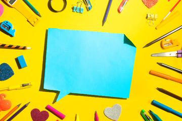 back to school background for kids & student, colorful stationery education in top view flat lay