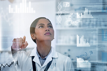 Woman, science and data with futuristic overlay on glass, research process for vaccine with dna analytics. Female scientist, working and lab with formula for medicine, development or medical