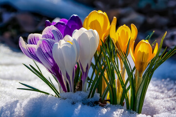 Farbige Krokusse in gelb, lila und wei&szlig; bl&uuml;hen im Schnee