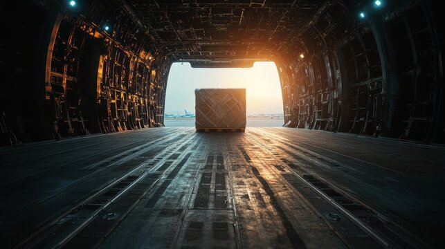 A dramatic shot captures the interior of a cargo plane, featuring a container in focus with warm sunlight streaming in, embodying the essence of transportation and logistics.