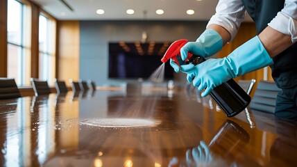 Professional cleaning service disinfecting office meeting table
