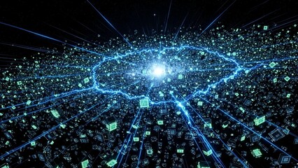 A futuristic digital network with glowing blue lines and nodes representing data connections and technology