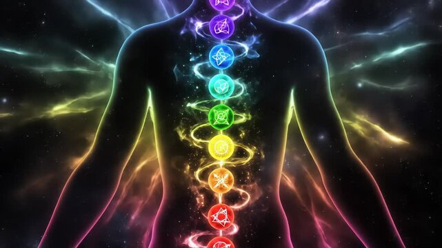 A human silhouette glowing with vibrant rainbow colors depicting energy centers along the spine, set against a deep starry night sky with nebulae and cosmic dust.