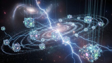 A futuristic digital illustration of a galaxy with glowing blue circuits and lightning bolts in space