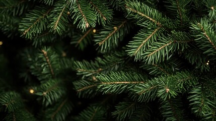Obraz premium A detailed perspective of green Christmas tree branches adorned with soft lighting, evoking feelings of warmth and festivity during the holiday season.