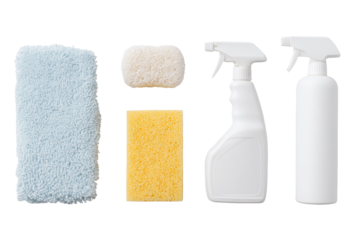 Cleaning Essentials: A neat collection of cleaning supplies includes soft cloths, sponges and spray bottles arranged in a photorealistic still-life, perfect for home maintenance.