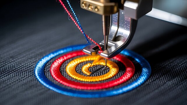 Industrial embroidery machine stitching colorful textile pattern

